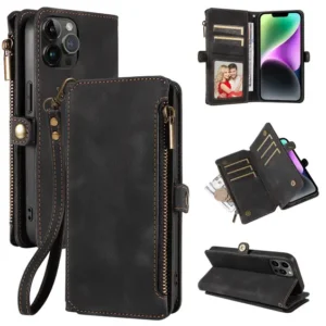 iPhone 13 Pro Max Retro Premium Flip Leather Cover with 9 Card Holder & Zipper Cash Pocket & Wrist Strap